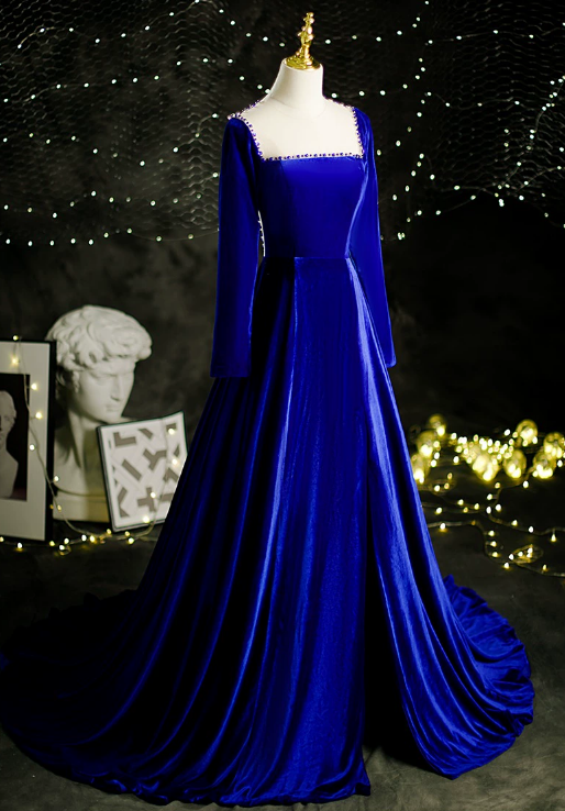 Prom Dresses,blue Velvet Long Sleeve French Evening Gowns, Celebrity Party Dresses, Adult Gowns, Party Dresses