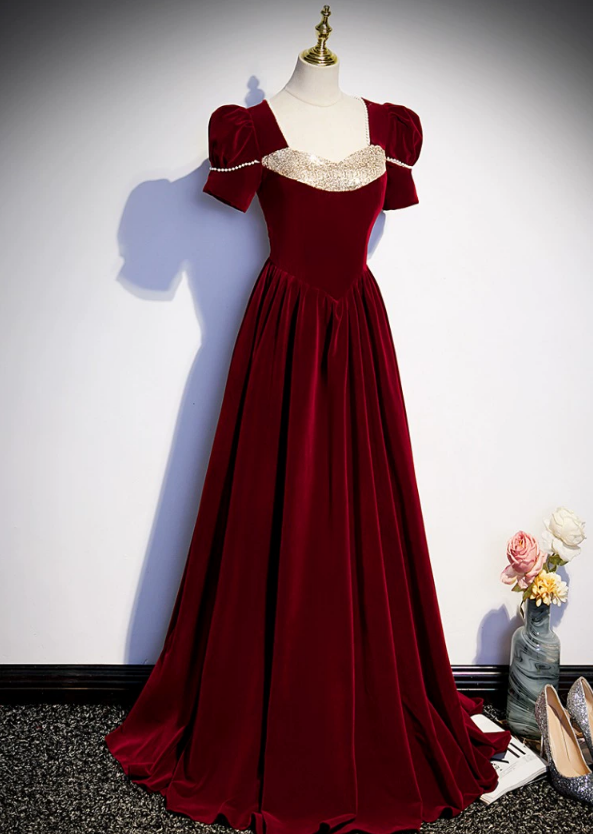 Prom Dresses,burgundy Velvet Puff Sleeve French Evening Gowns, Celebrity Party Dresses, Adult Gowns, Party Dresses