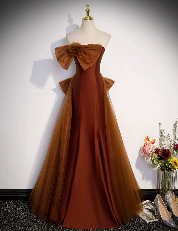 Prom Dresses,chocolate Satin Tulle Skirt With Bow, Adult Dress