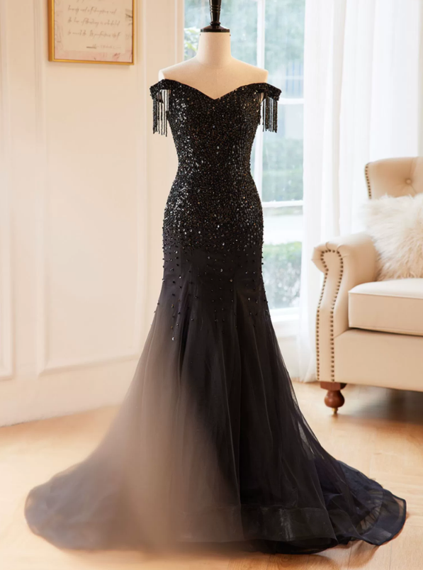 Prom Dresses, One Shoulder Sequin Black Fishtail Evening Dresses, Party Dresses, Bar Mitzvah Dresses, Host Long Dresses, Celebrity Red Carpet