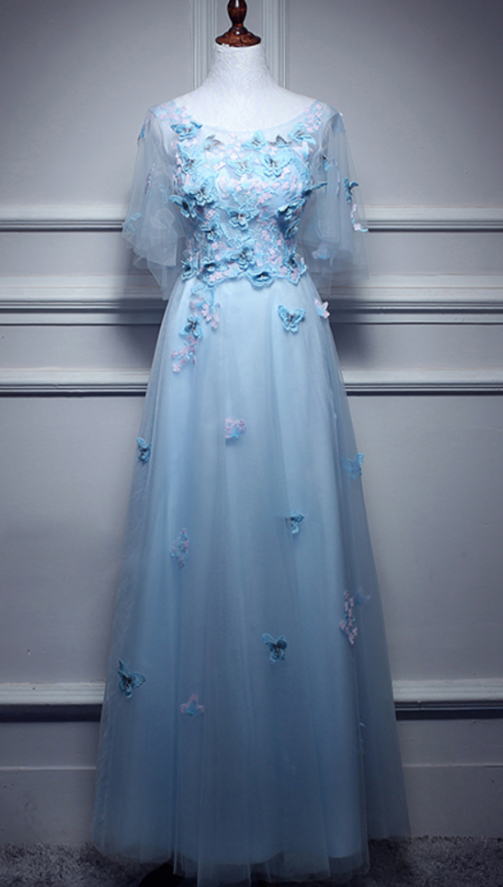 Prom Dresses,round Neck Dress, Elegant Blue Medium Sleeve Dress, Lace Floral Trim Dress