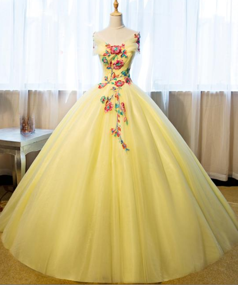 Prom Dresses,yellow Gown, Shoulder Gown, Floral Gown,party Dress