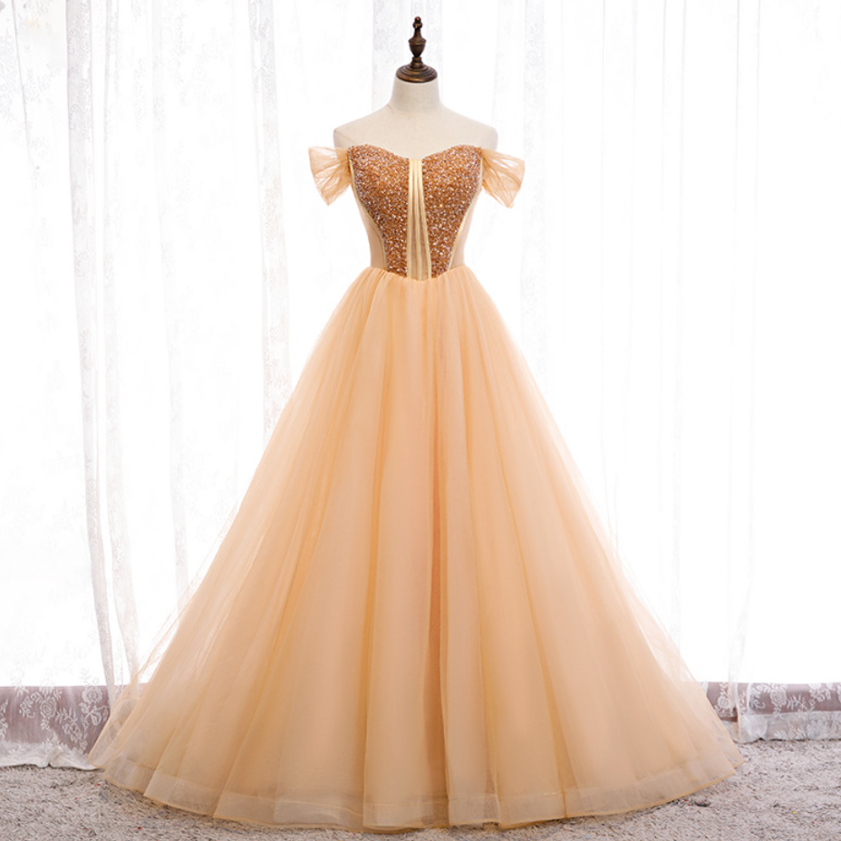 Prom Dresses, Off Shoulder Evening Dress ,champagne Prom Dress,fairy Party Dress,luxury Wedding Dress