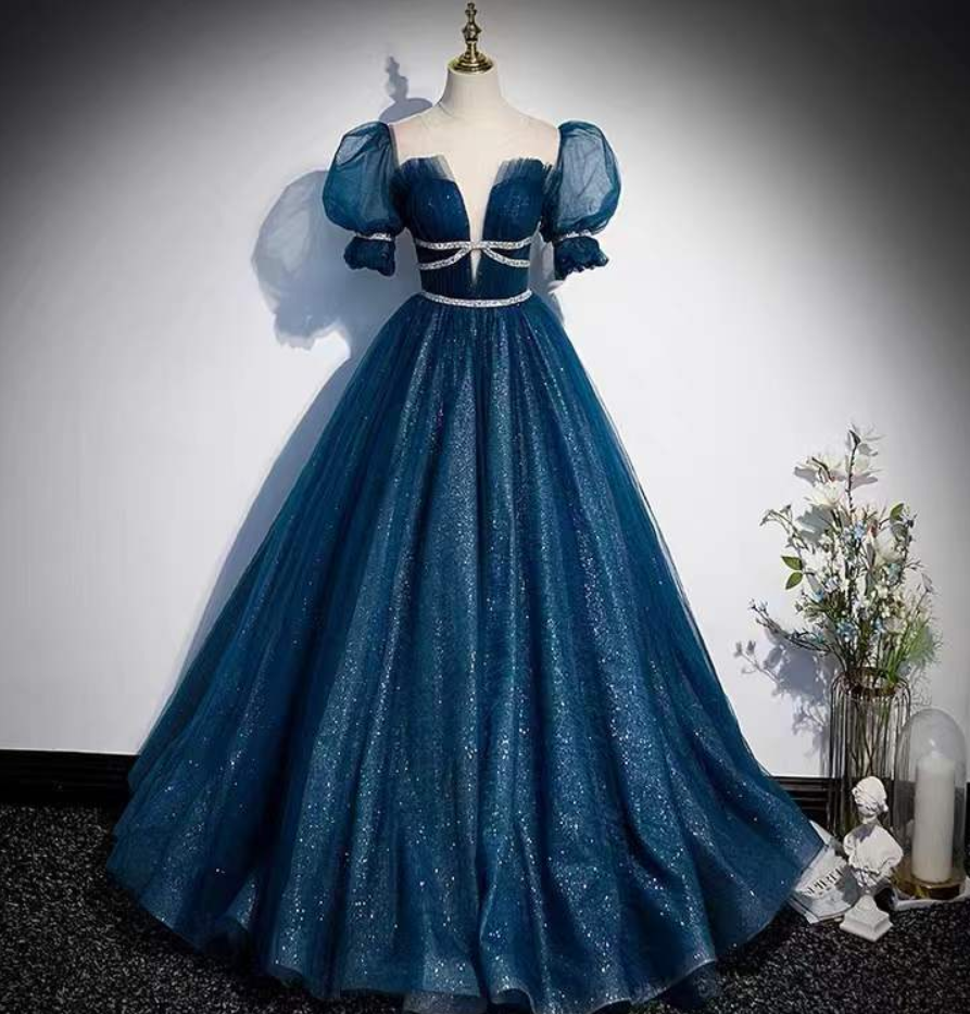 Prom Dresses, Bubble Sleeve Evening Dress ,class Sense Blue Party Dress, Princess Dream Dress