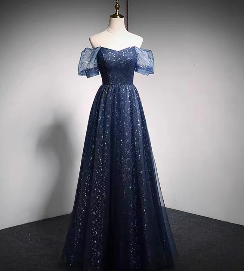 Prom Dresses, Off Shoulder Evening Dress,dream Prom Dress, Navy Blue Glitter Party Dress