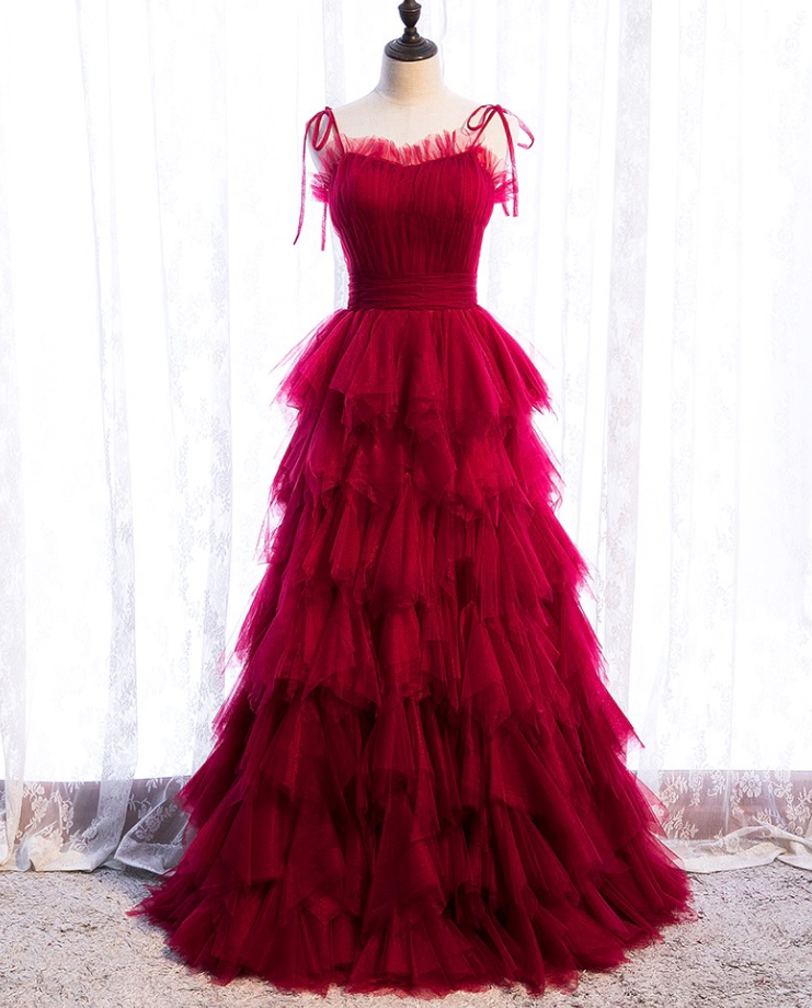 Prom Dresses, Red Long Dress, Fairy Spaghetti Strap Dress, Cake Layer Dresse