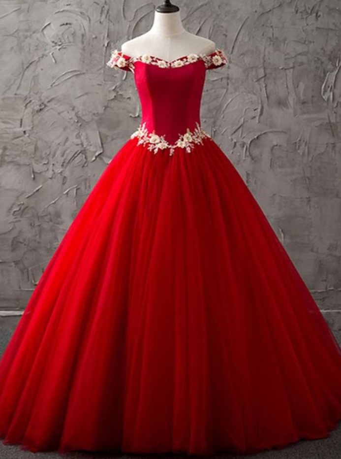 Prom Dresses, Red Tulle Off Shoulder Sweetheart Long High Neck Evening Dress With White Lace Flower