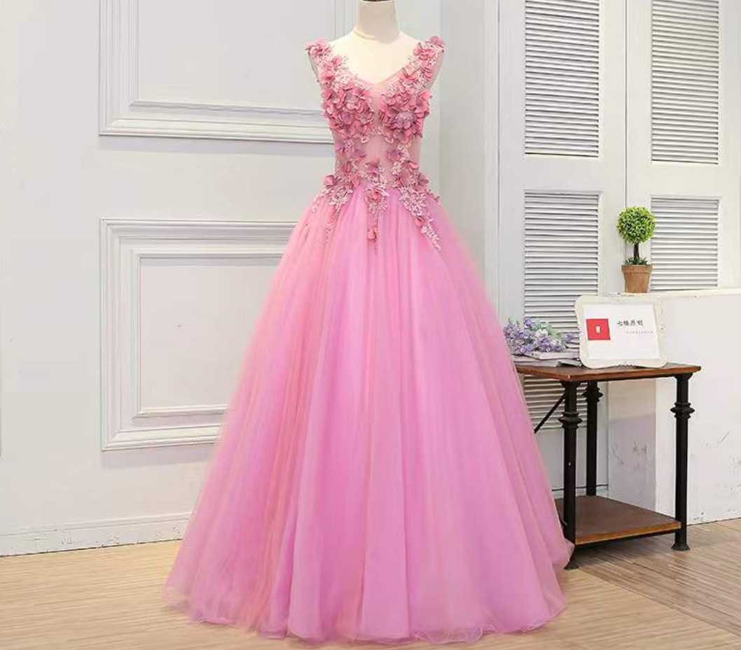 Prom Dresses,v-neck Evening Dress, Pink Prom Dress, Fairy Birthday Dress, Applique Party Dress