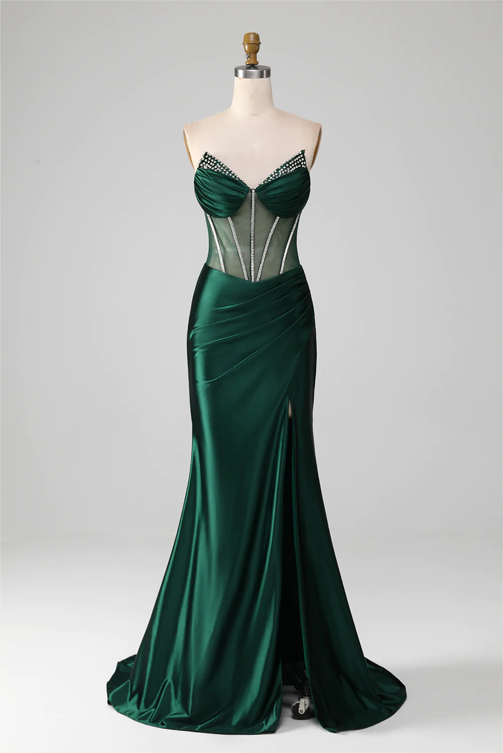 Prom Dresses, Dark Green V-neck Strapless Corset Mermaid Pleated Prom Dress