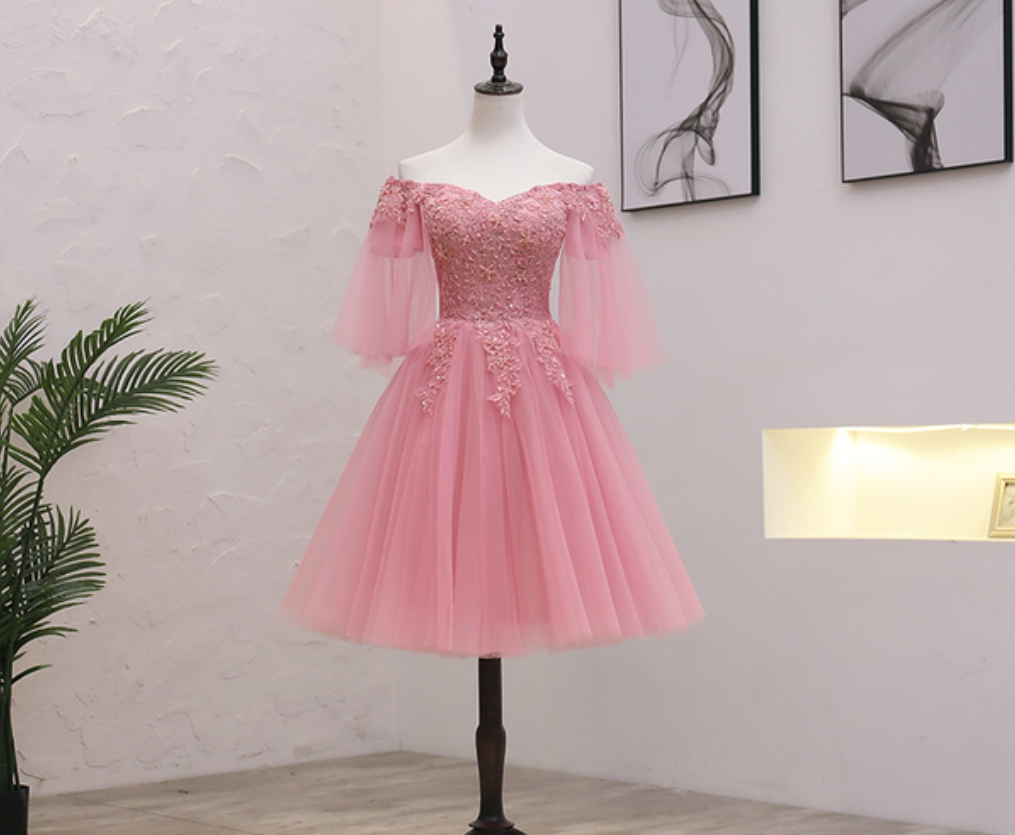 Homecoming Dresses, Pink Tulle Lace Short Prom Dress