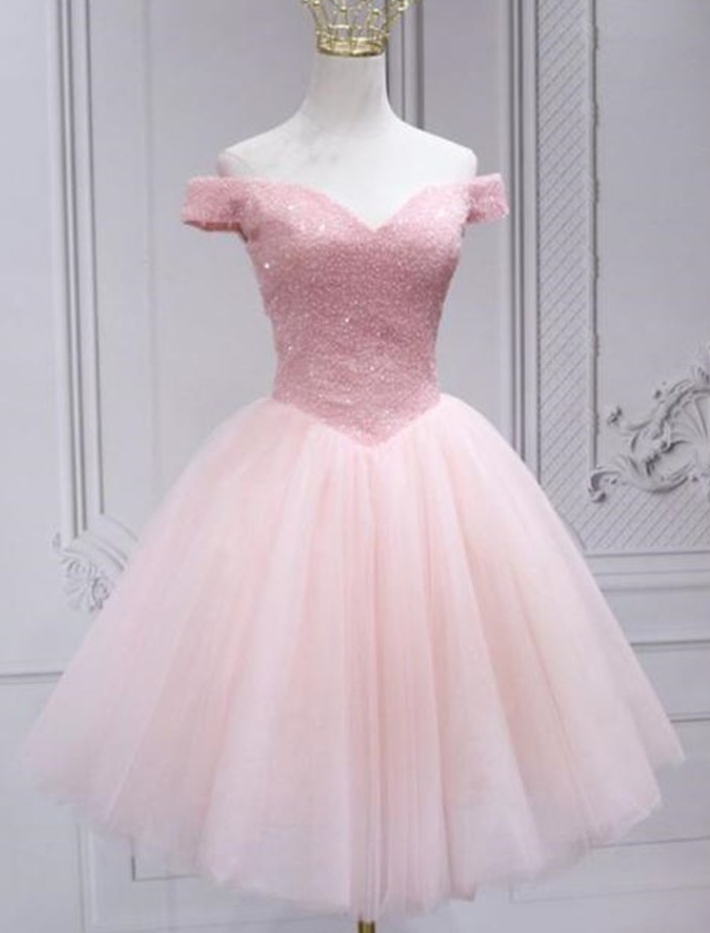 Homecoming Dresses,shiny Beadings Off The Shoulder Pink Short Homecoming Prom Dress
