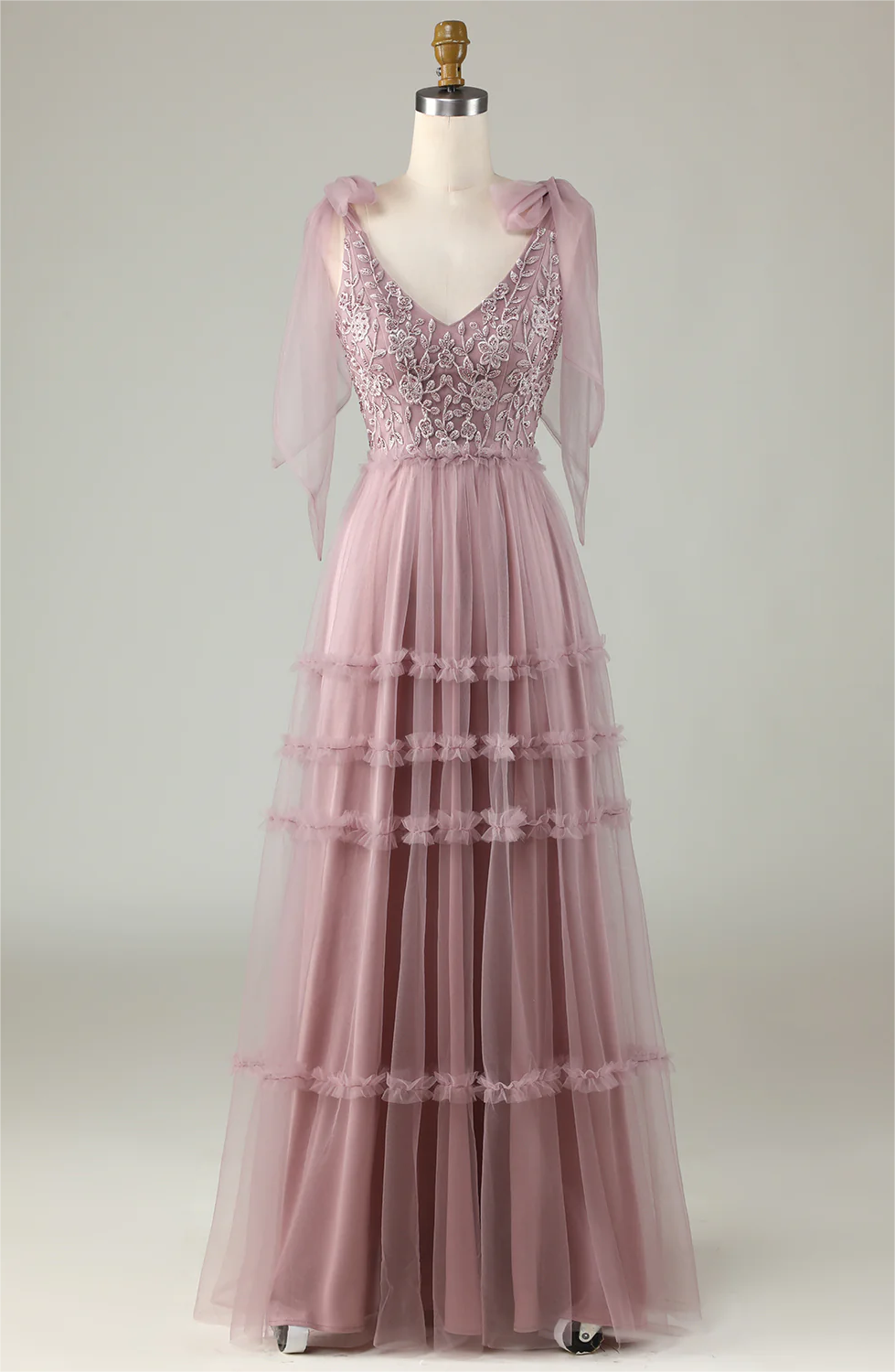 Prom Dresses, Tulle V-neck Dusty Pink Bridesmaid Dress With Beading