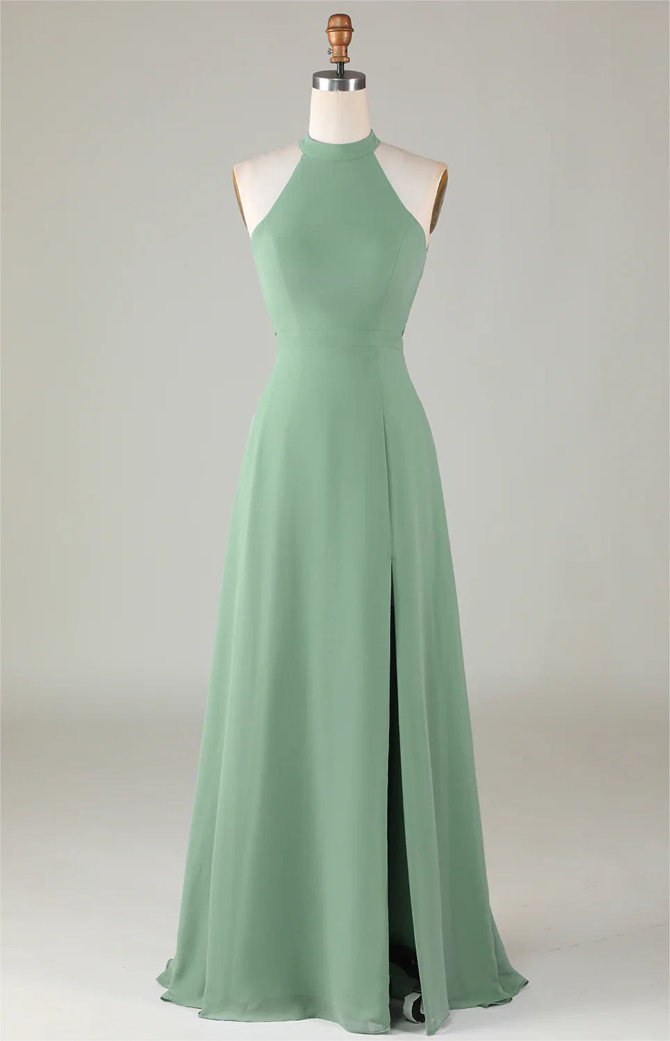 Prom Dresses, A-line Halter Open Back Matcha Bridesmaid Dress With Split Front