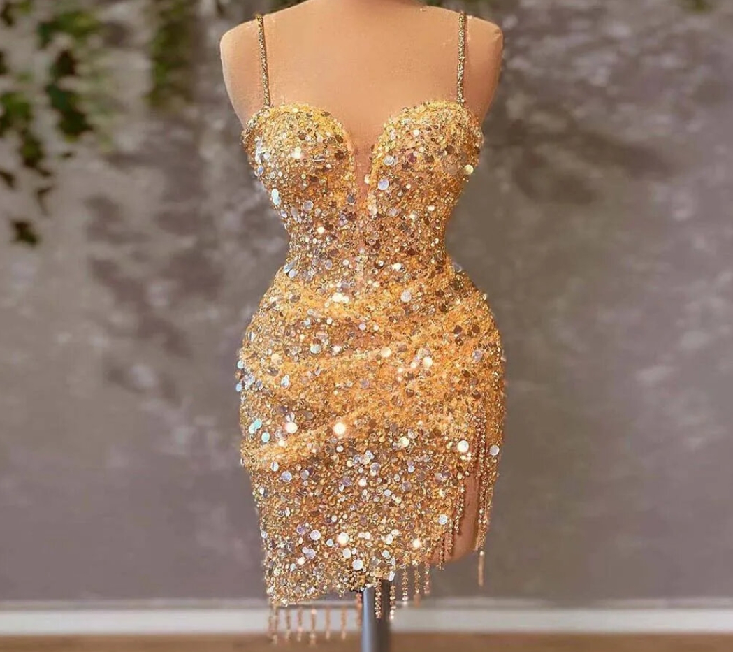 Prom Dresses,yellow Cocktail Dresses Spaghetti Strap Bead Mini Evening Formal Gowns Sparkle Tassel Elegant Dress
