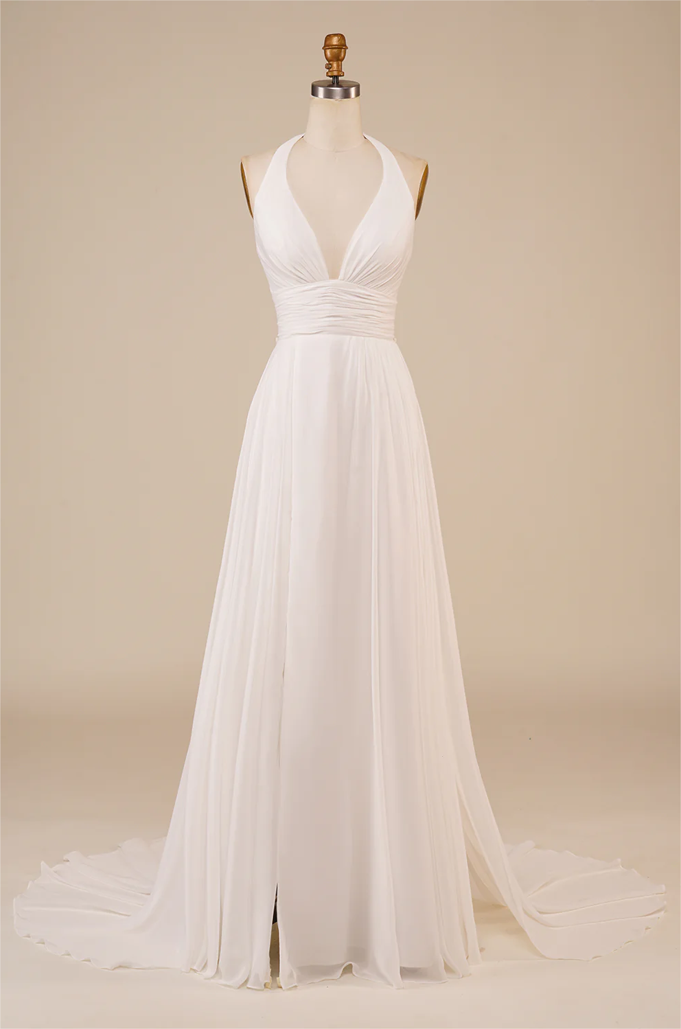 Prom Dresses, A-line Halter Ivory Sweep Train Wedding Dress With Slit