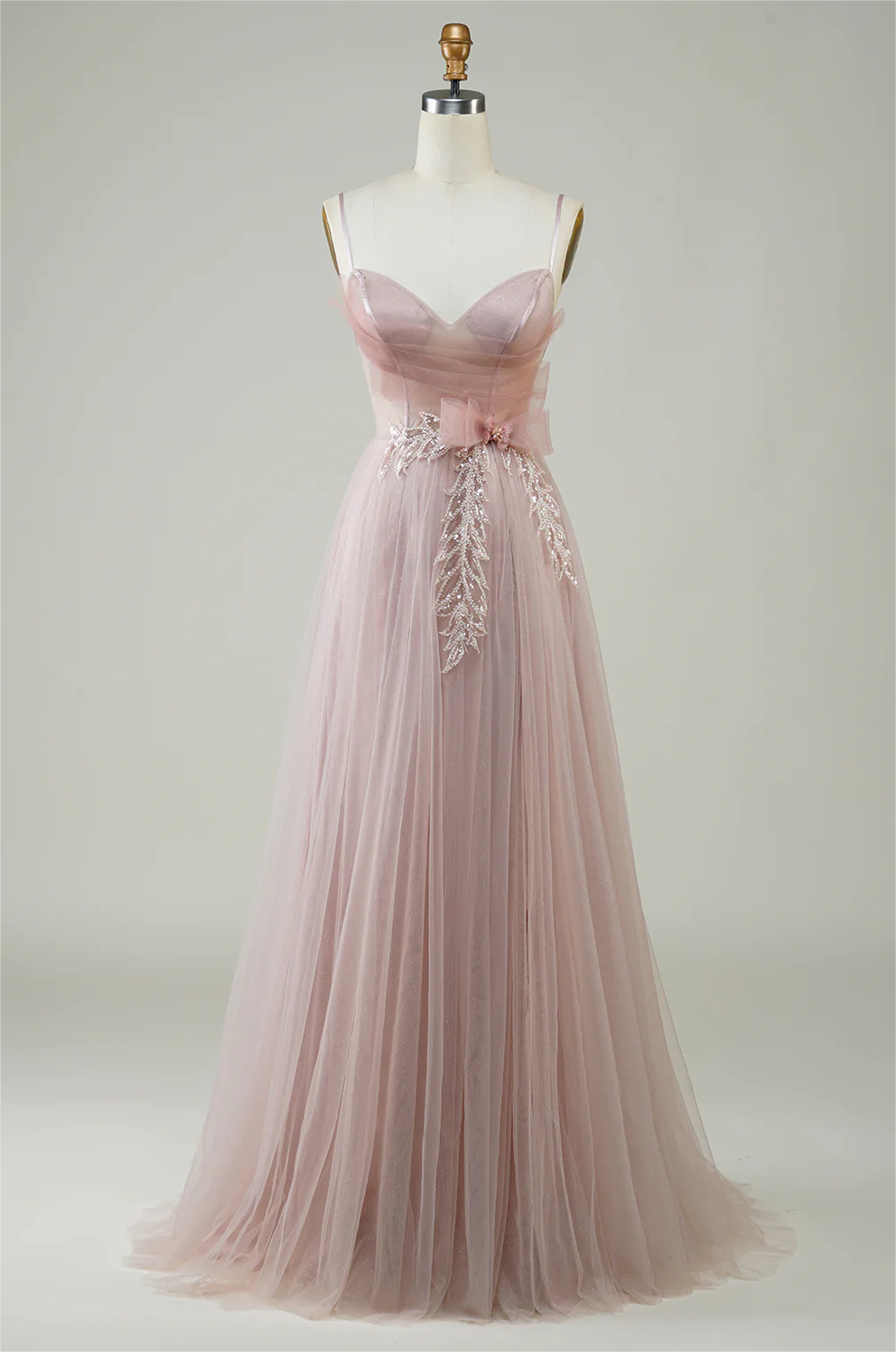 Prom Dresses, Blush A-line Corset Long Tulle Prom Dress With Appliques