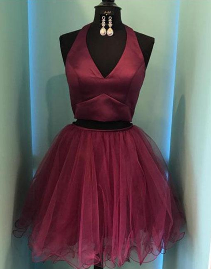 Homecoming Dresses,burgundy Two-piece Homecoming Dress,v-neck Short Prom Dress