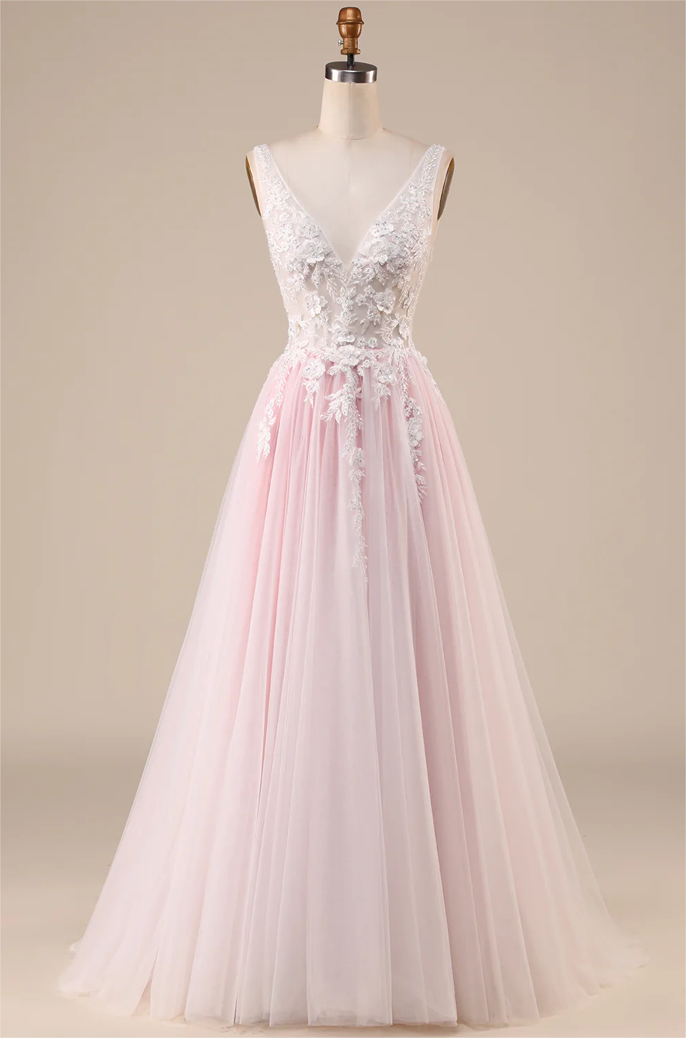 Prom Dresses, Pink A-line Tulle Sweep Train Wedding Dress With Appliques