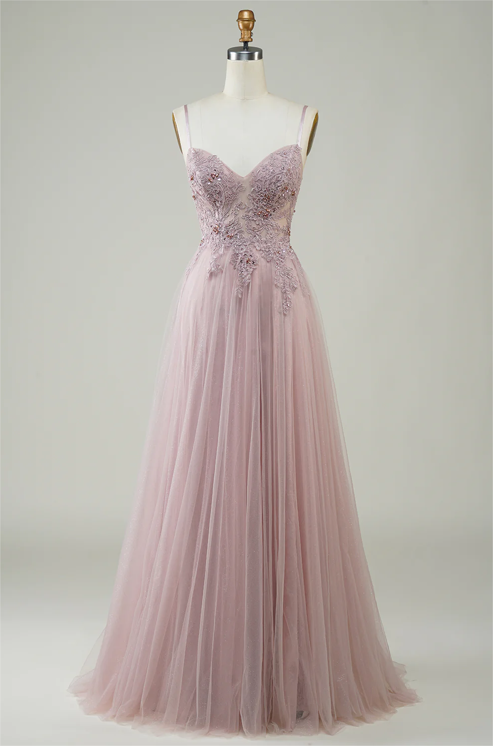 Prom Dresses, Sparkly Blush A-line Tulle Long Prom Dress With Lace