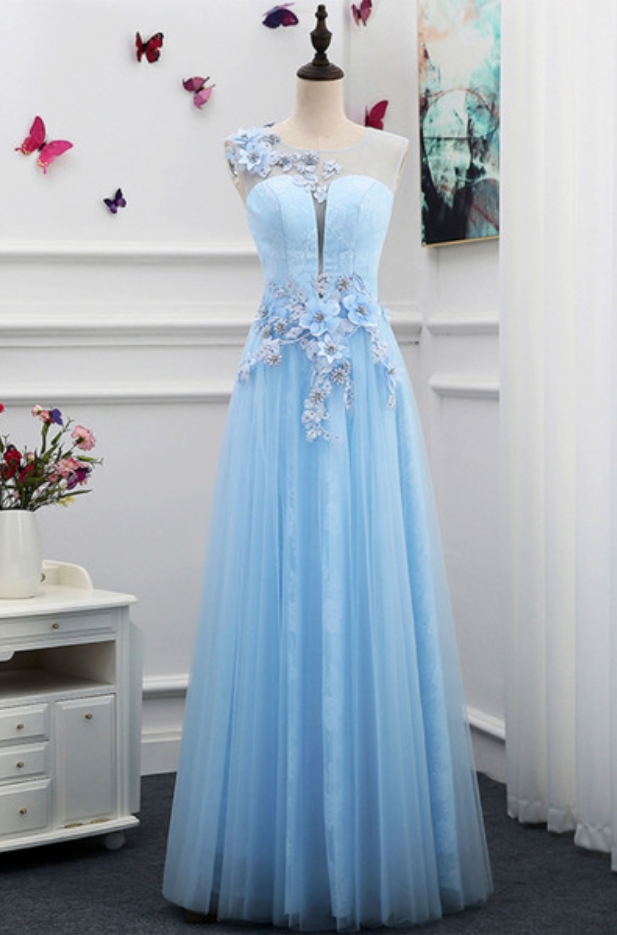 Prom Dresses,blue Tulle Prom Dress, Floor Length Elegant Long Evening Dress With Handmade Flower