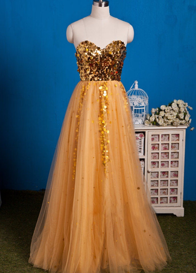 Prom Dresses, Gold Strapless Sequined Ball Gowns, Luxurious And Aristocratic Evening Gowns