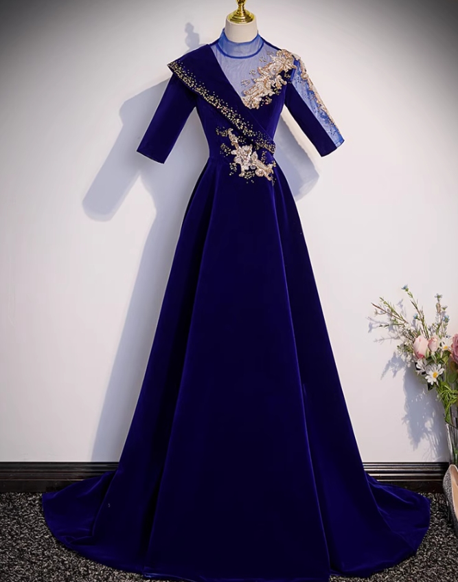 Prom Dresses,noble Elegant Blue Velvet High Neck Long Evening Dresses