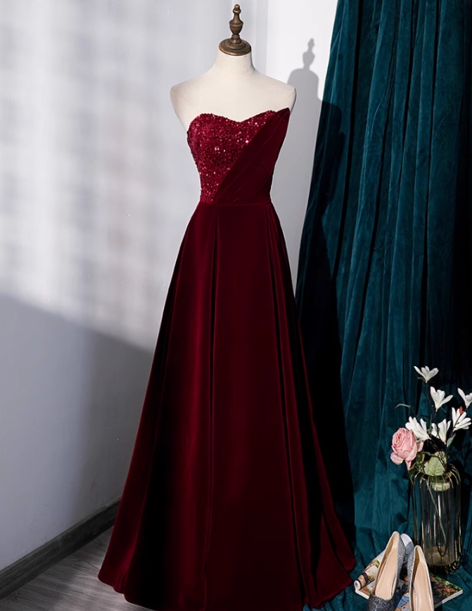 Prom Dresses, Strapless Sleeveless Red Sequin Velvet Bar Mitzvah Dresses