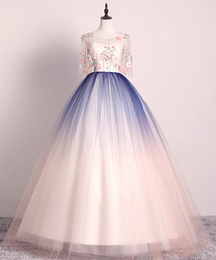 Prom Dresses,temperament Elegant Gradient Color Tulle Stereoscopic Applique Bar Mitzvah Dresses