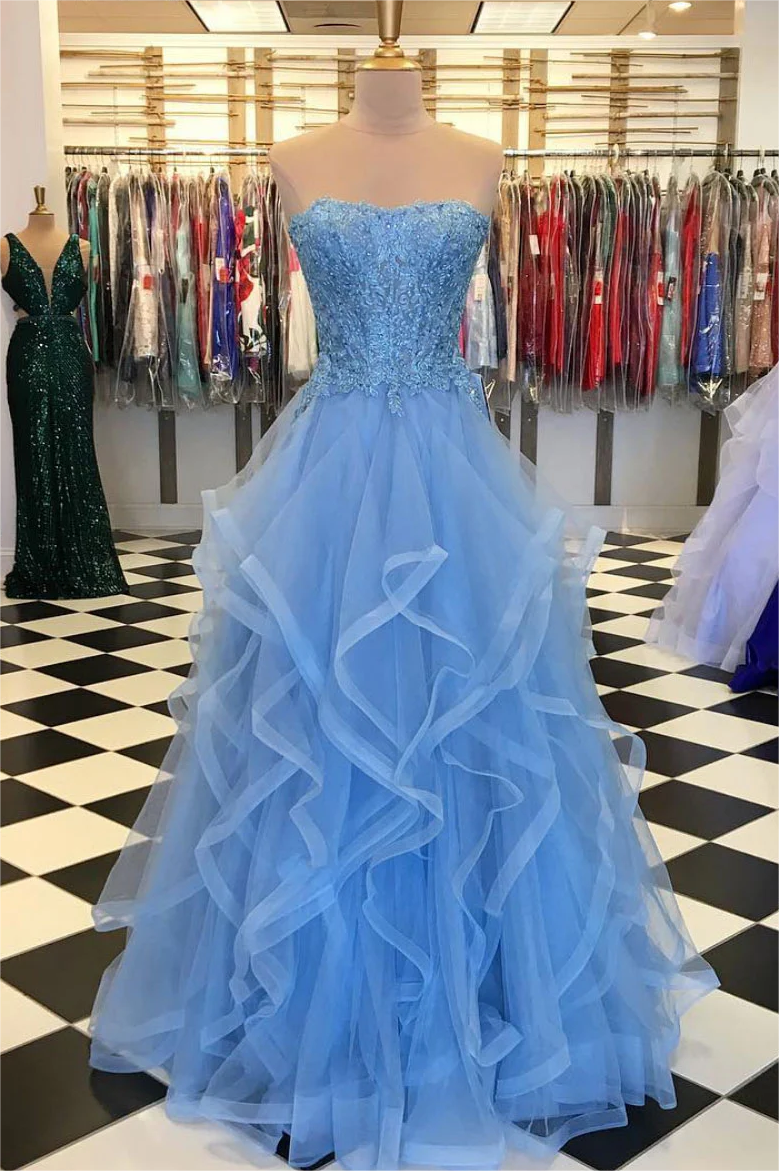 Strapless Royal Blue Ruffles Cake Dresses, Layers Long Prom Dresses, 2025 Prom Dresses Strapless Royal Blue Ruffles Cake Dresses, Layers Long Prom Dresses, 2025 Prom Dresses