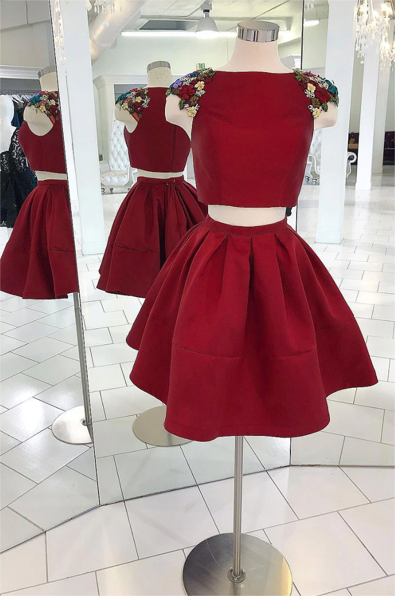 Burgundy Two Pieces Satin Short Prom Dress, Burgundy Homecoming Dress on  Luulla