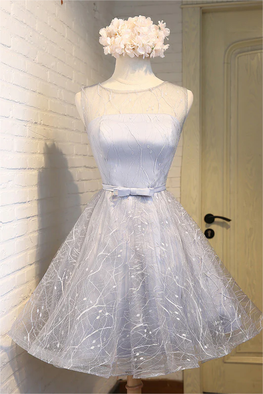 Gray Round Neck Tulle Short Prom Dress Gray Homecoming Dress