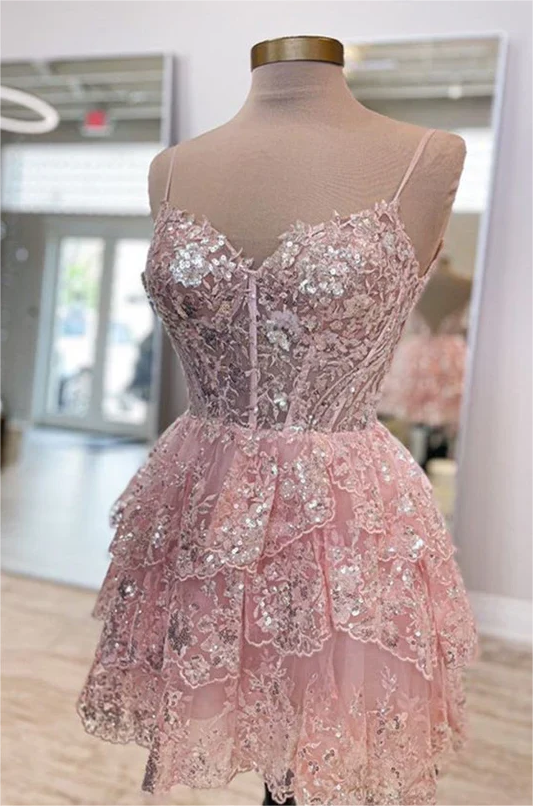 Spaghetti Straps Tiered Short Homecoming Dress on Luulla