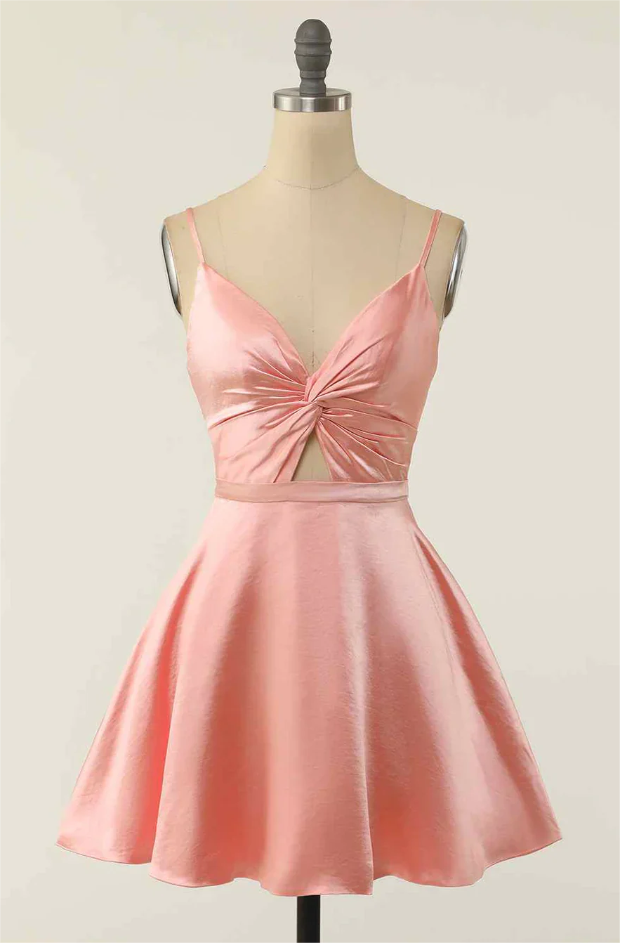 A-line V Neck Twist Knot Cut-out Mini Homecoming Dress on Luulla