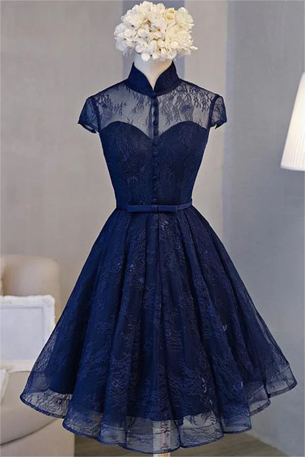 A-line High Neck Lace Short Sleeve Knee-length Homecoming Dresses