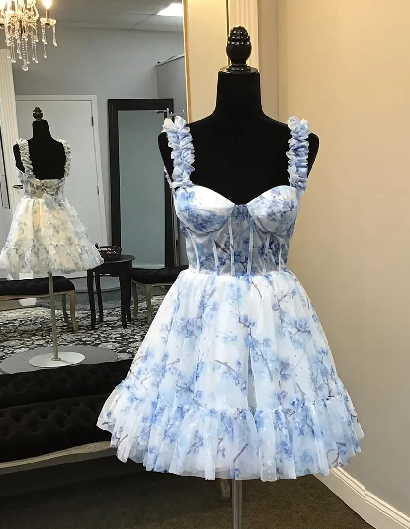 A-line Floral Prints Ruffled Straps Corset Homecoming Dress on Luulla