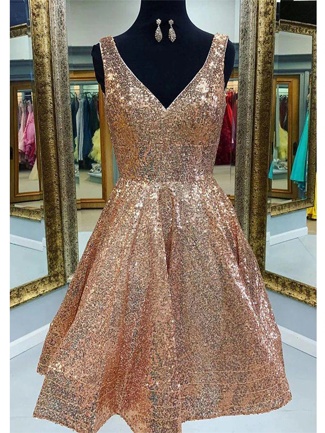 A-line Homecoming Dresses Sparkle & Shine Dress Graduation Tea Length Sleeveless V Neck Pink Dress Sequined With Sequin
