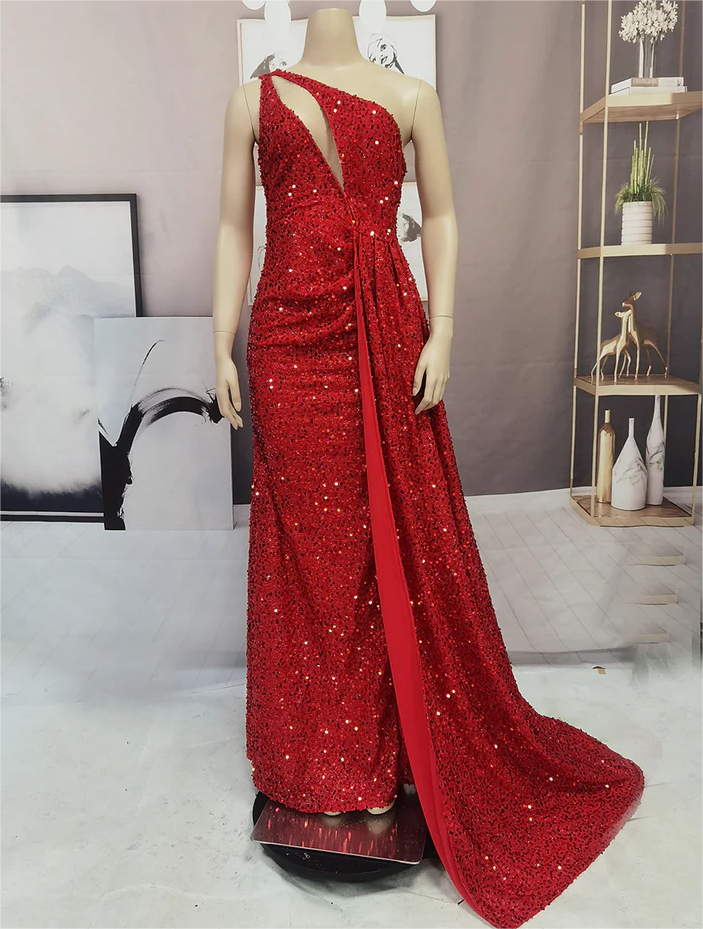 Laser Light Sleeveless Mermaid Princess Prom Dress with Split Trumpet Crew Neck