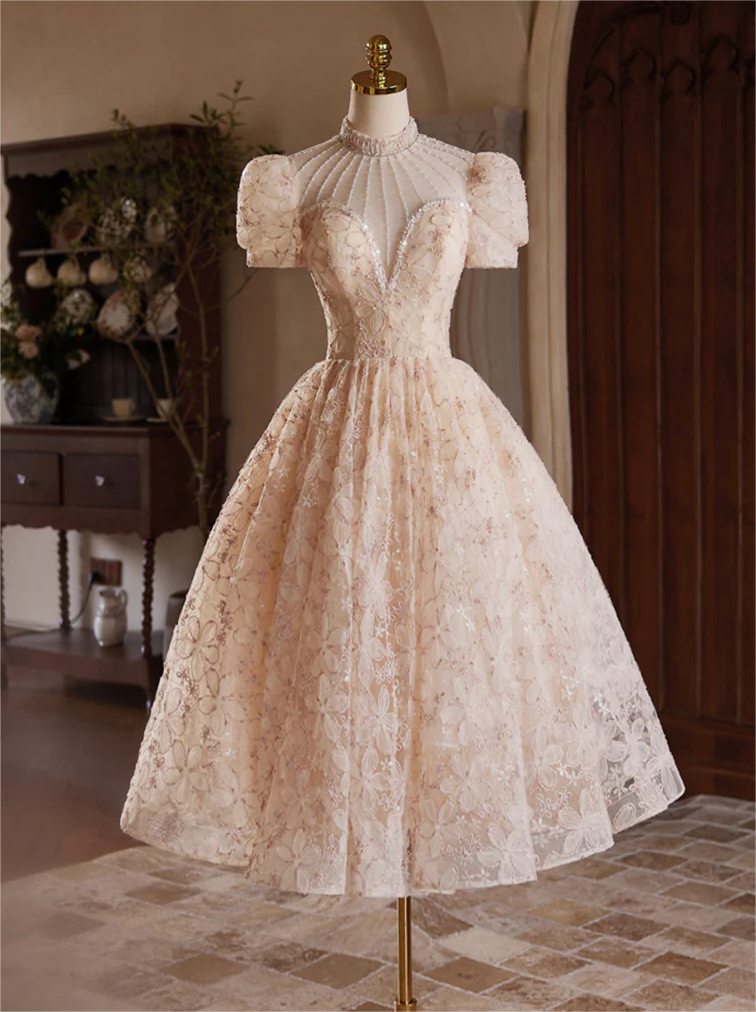 champagne pink dress for wedding Champagne Off the Shoulder Tulle Floral Floor Length Long Prom Dresses Champagne / 10