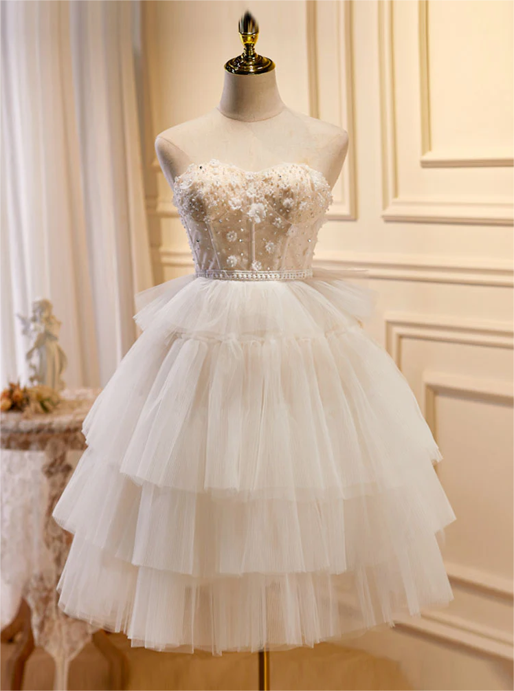 Beige Sweetheart Neck Tulle Puffy Short Prom Dress, Beige Homecoming Dress  on Luulla