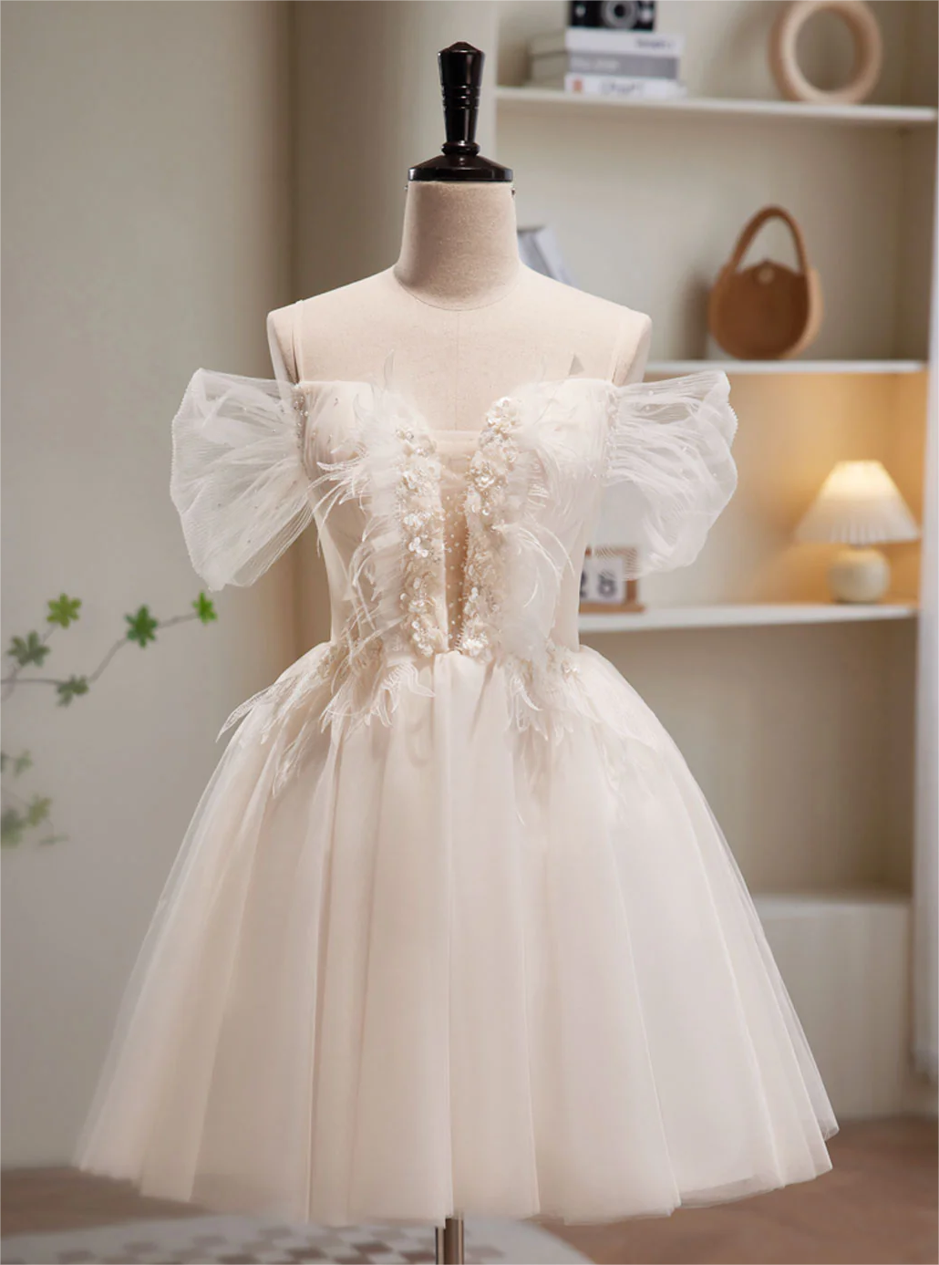 A-line Off Shoulder Tulle Short Beige Prom Dress, Cute Homecoming Dress