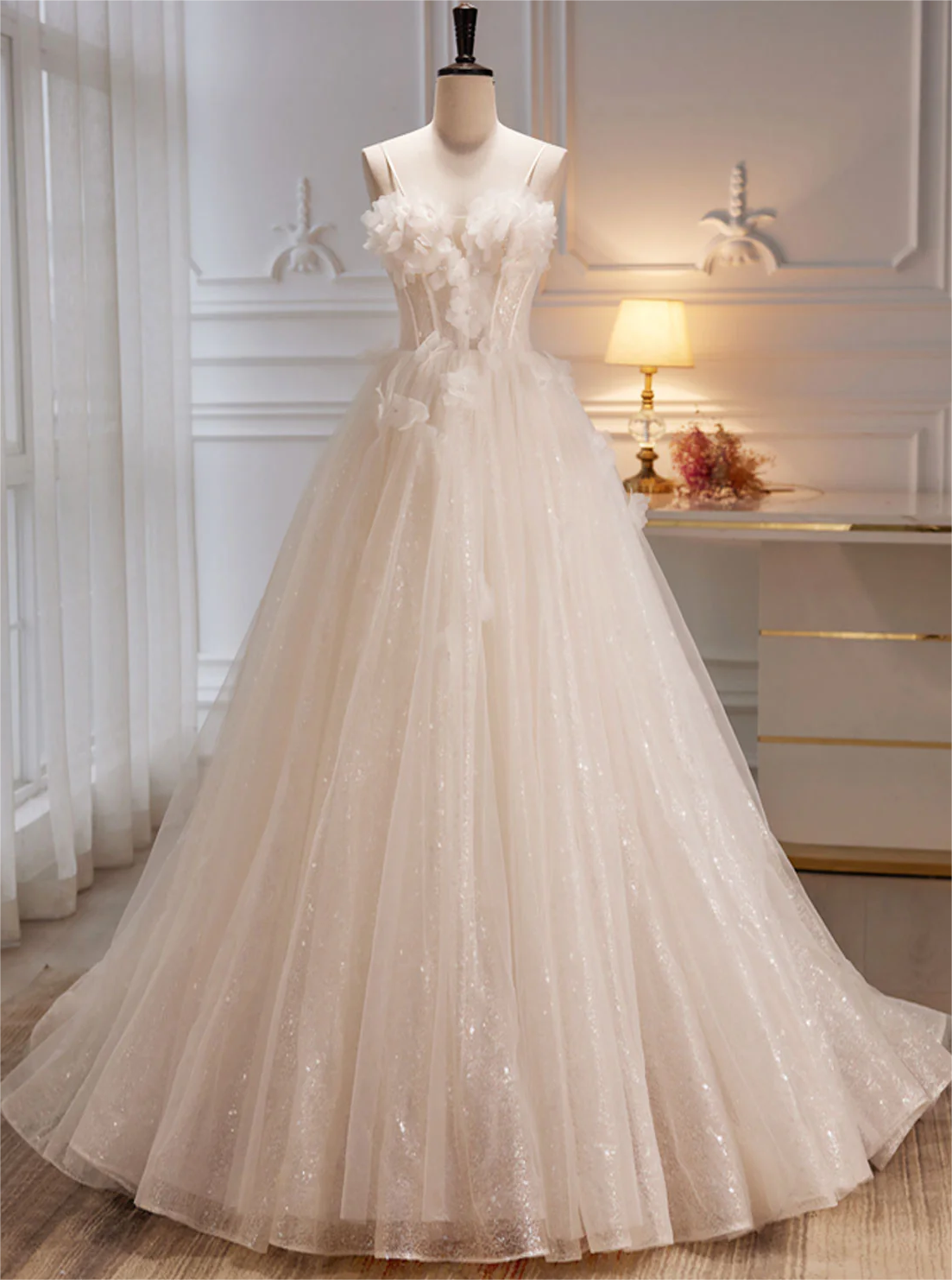 A-line Tulle Flower Light Champagne Long Prom Dresses, Shiny Formal Dresses  on Luulla