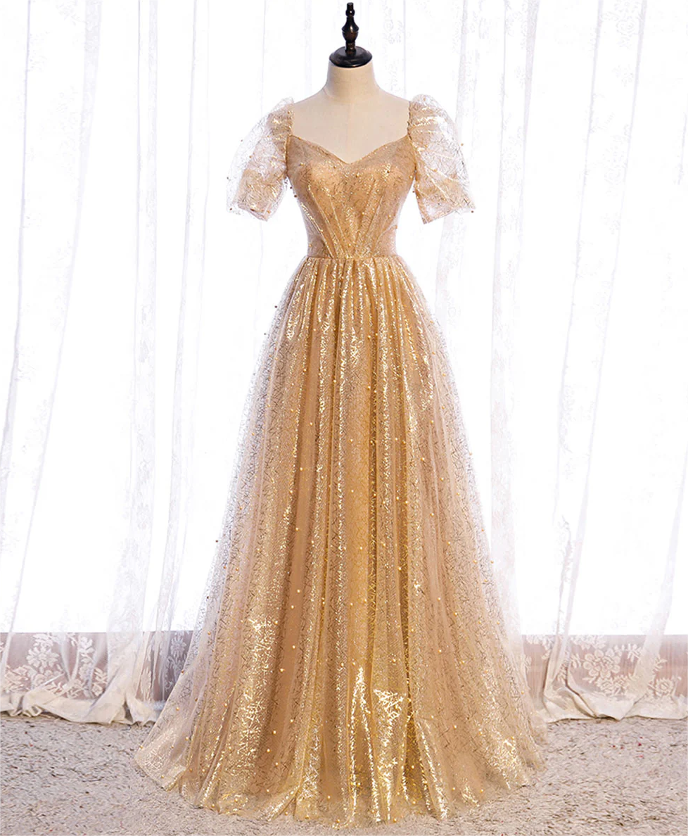 gold aline prom dress Sparkly A-Line Backless Gold Spaghetti Straps Long Prom Dresses, FC2351 main image 0