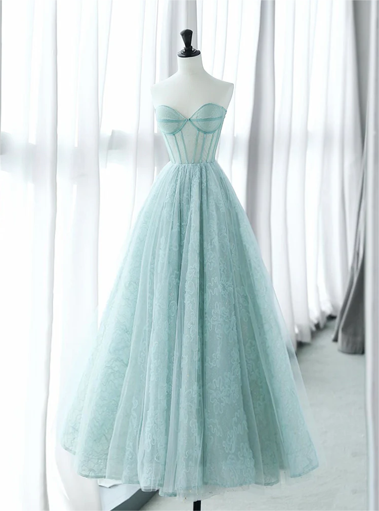 A-Line Sweetheart Neck Tulle Lace Blue Long Prom Dress, Blue Long Formal Dress