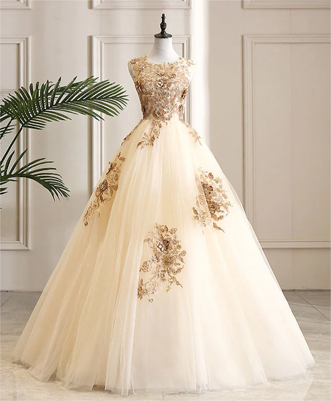Champagne Tulle Lace Long Prom Dress Champagne Evening Dress on Luulla