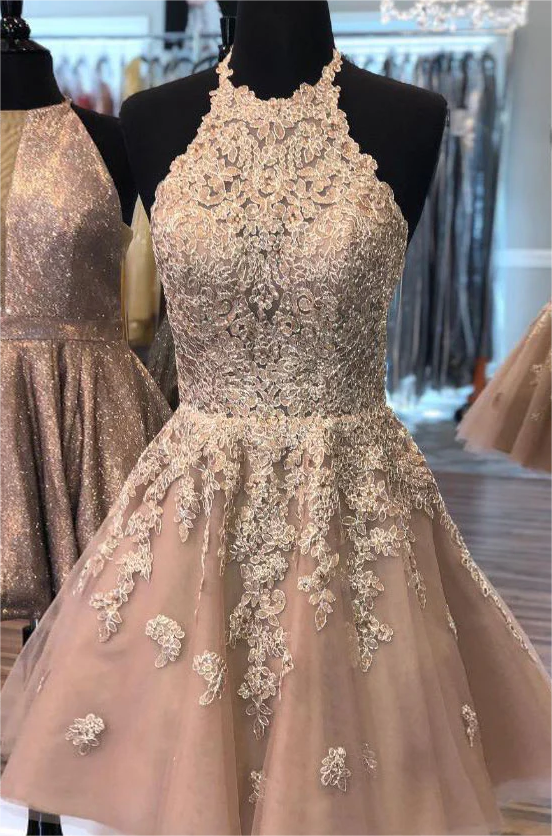 Champagne Lace Short Cocktail Dress, Lace Evening Dress 2025 Champagne Lace Short Cocktail Dress, Lace Evening Dress 2025