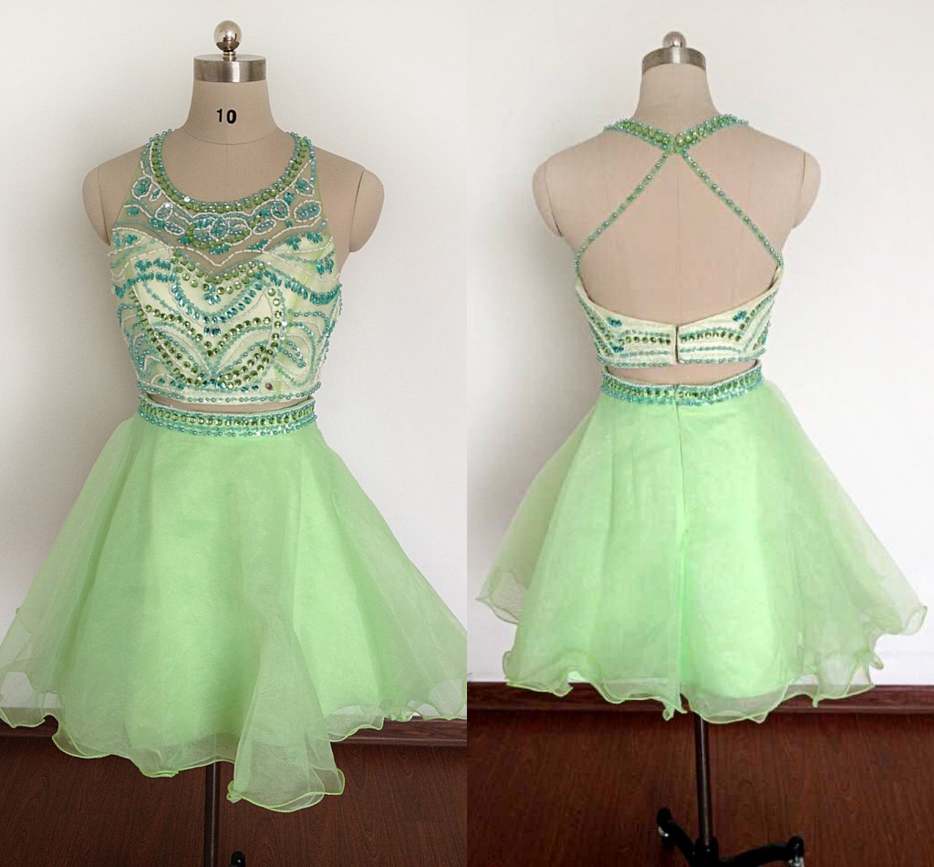 Light Green Short Homecoming Dresses A-line Halter Backless Beaded Crystals Prom Dresses Cocktail Gowns