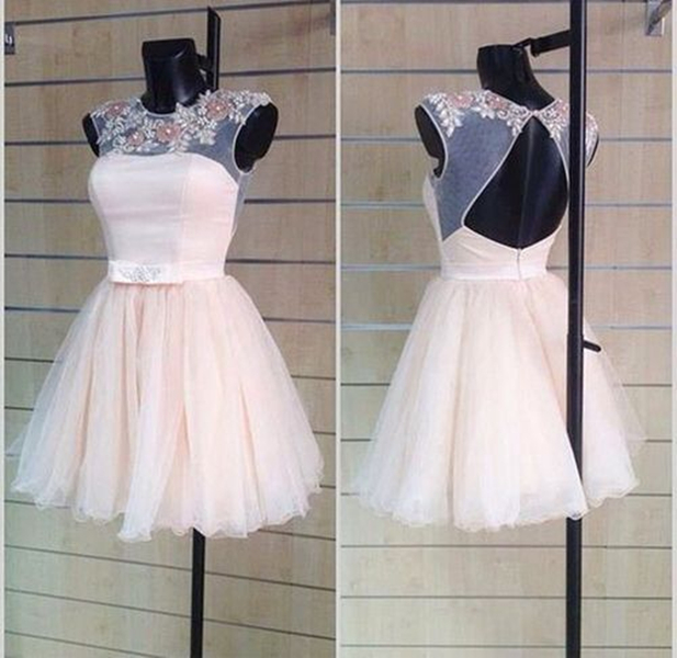 Cute Pearl Pink Appliques Open Back Ball Gown Round Neckline Mini Homecoming Dress Wedding Reception Dress Party Dress