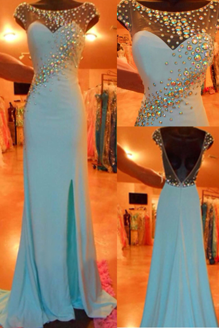Charming Prom Dress Chiffon Prom Dress,mermaid Prom Dress O-neck Prom Dress Beading Prom Dress