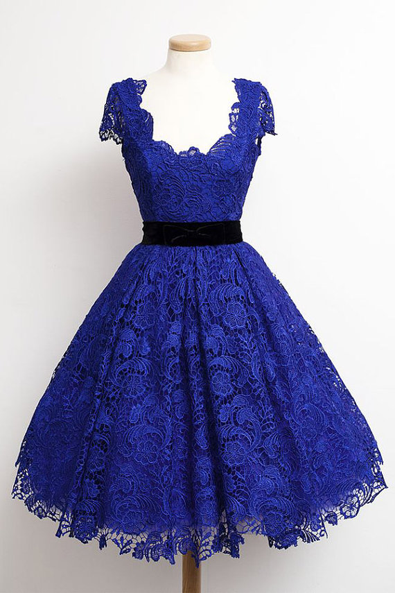 Charming Royal Blue Prom Dress Lace Evening Dress Short Sleeves ...