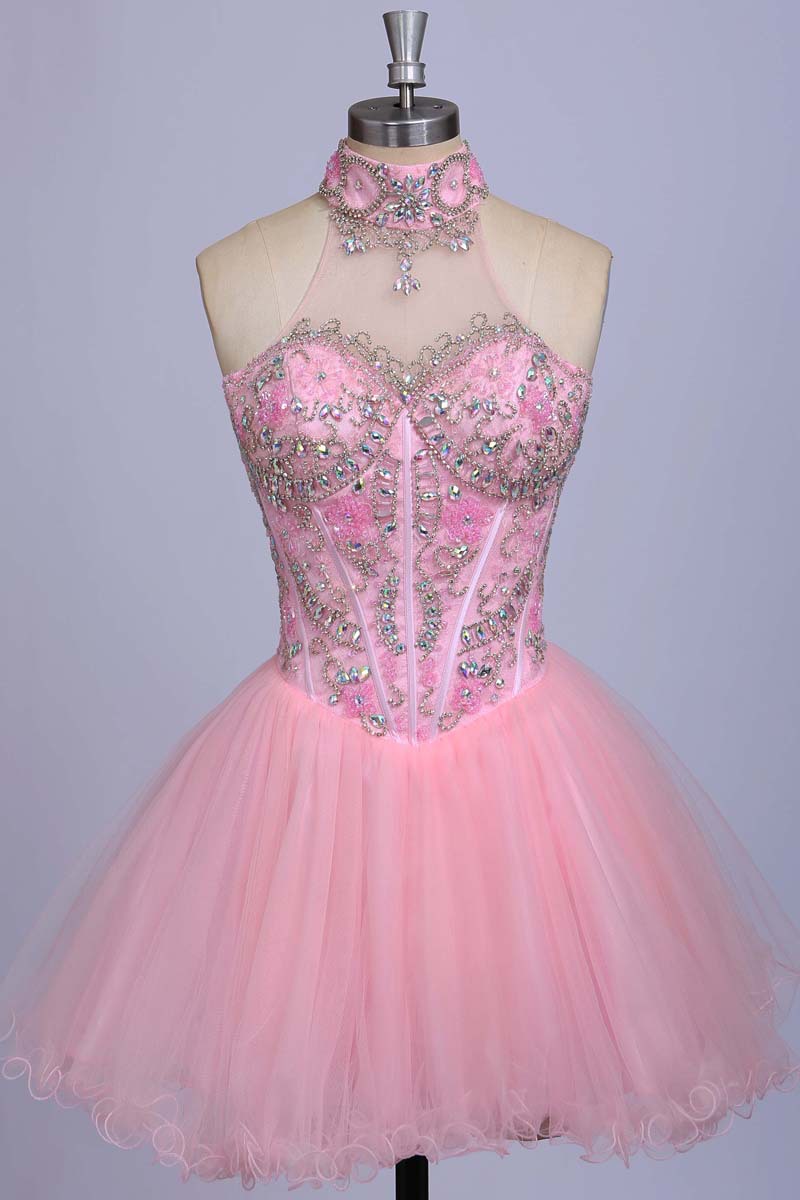 A-line Homecoming Dresses,beaded Homecoming Dresses, Pink Homecoming Dresses,tulle Homecoming Dresses